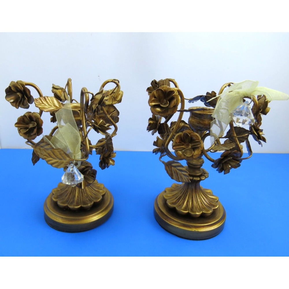 Copper Brass Tone Italian Gilt Deco Style Floral Vine Candle Holder Pair 8"